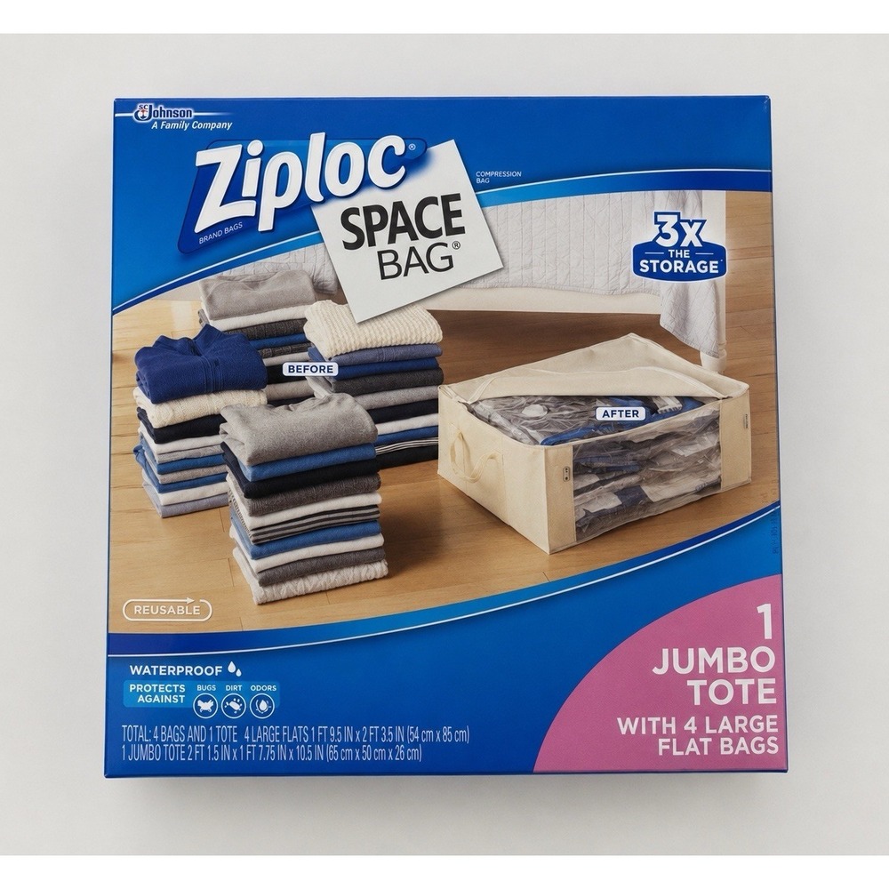 Ziploc Space Bag Clothing 1 Jumbo Tote 4 Large Flat Storage Bags Reusable New